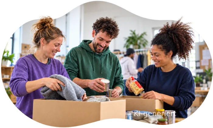 Symbolbild: Drei Menschen packen gut gelaunt Spenden in Kartons, darunter Kleidung, Konserven und Nudeln.